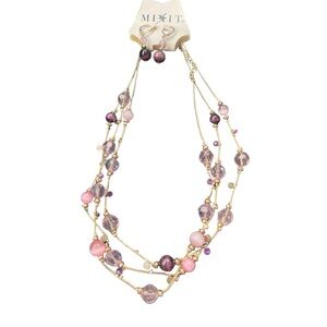 NEW 16" Necklace & Earrings Pink‎ Purple Cat's Eye Beaded Crystal Multi strand
